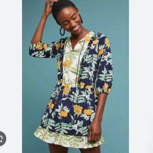 Anthropologie Lost + Wander Navy Fruit Floral 3/4 Sleeve Dress